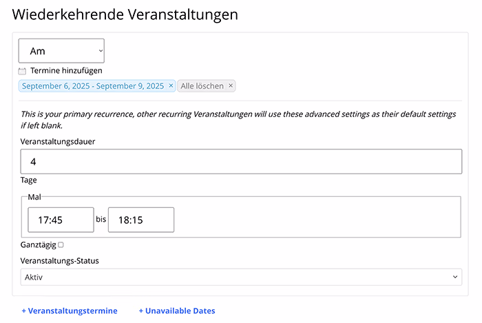 Wiederkehrende Events spezifische Daten