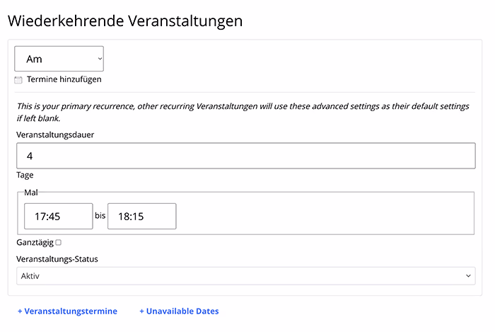 Wiederkehrende Events bestimmte Daten